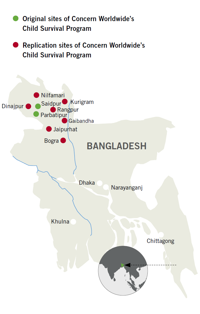 Map of Sites of Concern Worldwide’s Child Survival Program in Bangladesh
