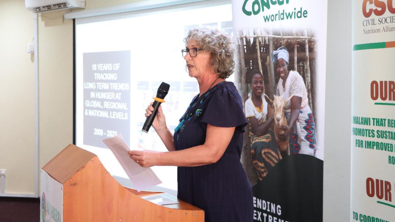 Claudia Plock, Head of Programmes for WHH Malawi, presenting the GHI report