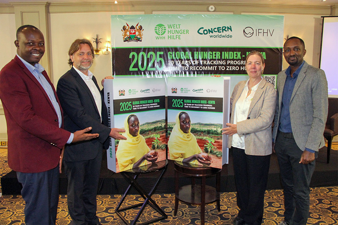 From left to right: Edgar Okoth, Director of the SUN Civil Society Alliance (SUNCSA); Christian Schniepper, Country Director at Welthungerhilfe Kenya; Nelly Kingston, Interim Country Director at Concern Worldwide and Anthony Njegi, representing the Embassy of Ireland, at the GHI Kenya 2025 launch in Nairobi. Photo credit: James Gichuru (Photojournalist Standard Media Group)
