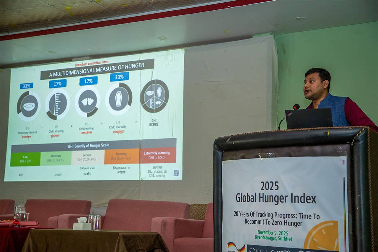 Vikash Deuja, Nutrition Expert, WHH Nepal, presents key objectives and findings from the GHI 2025 report for Nepal. Credit: Welthungerhilfe (WHH)