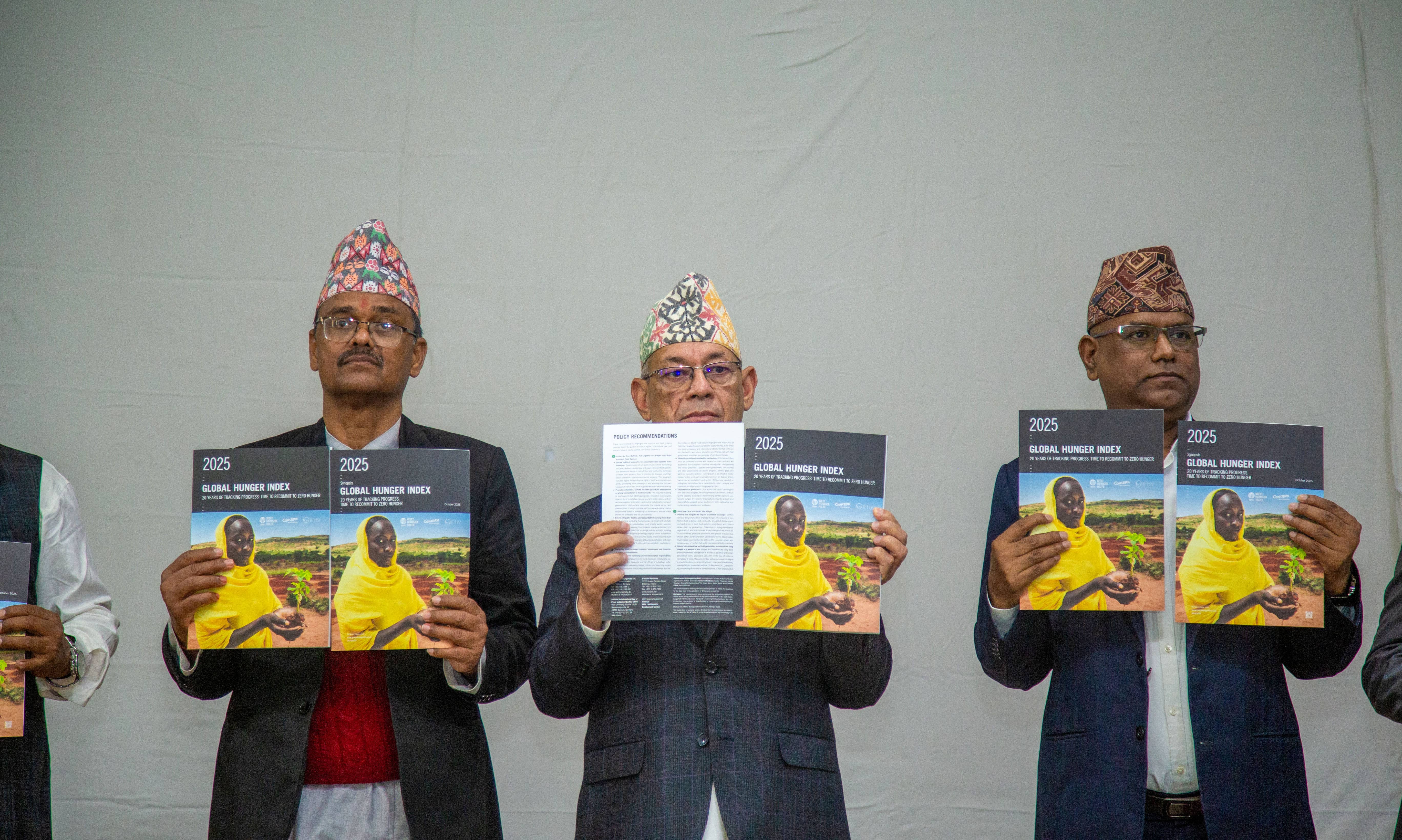 Karnali Province leadership unveils the Global Hunger Index (GHI) 2025 report: Hon. Binod Kumar Shah (center), Minister for Land Management, Agriculture and Cooperatives. Credit: Welthungerhilfe (WHH)